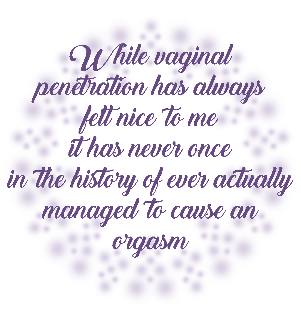 Text reading "while vaginal penetration has always felt nice to me it has never once in the history of ever actually managed to cause an orgasm"