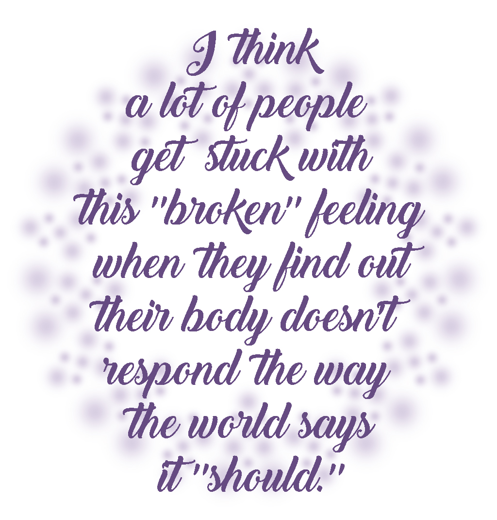 Text reading "I think a lot of people get stuck with this "broken" feeling when they find out their body doesn't respond the way the world says it "should"."