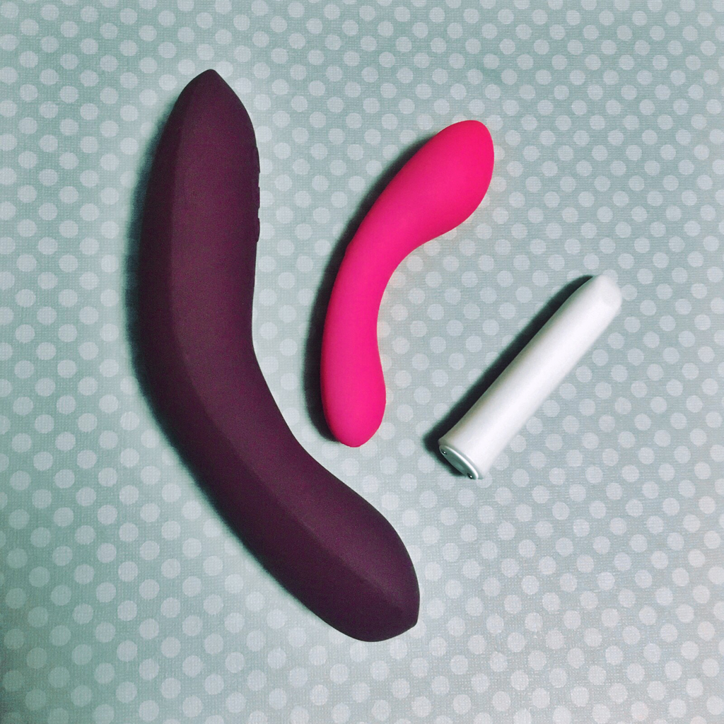 Comparison photo of The We-Vibe Rave, Mini Swan Wand, and We-Vibe Tango