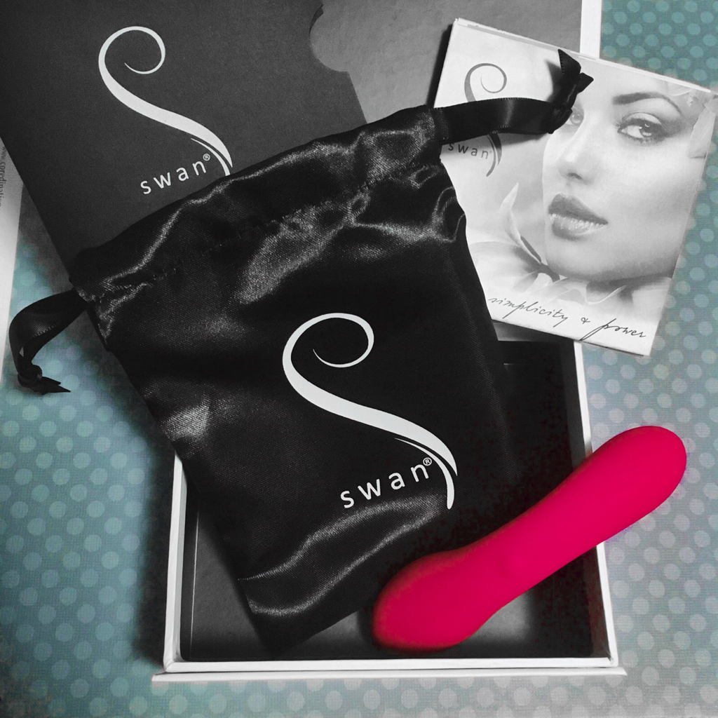 Photo of the contents of the Mini Swan Wand Packaging - vibrator, satin pouch, instruction manual
