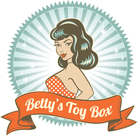 Logo for Bettys Toy Box shows pin-up style cartoon woman behind orange ribbon banner that reads Betty's Toy Box on blue starburst background