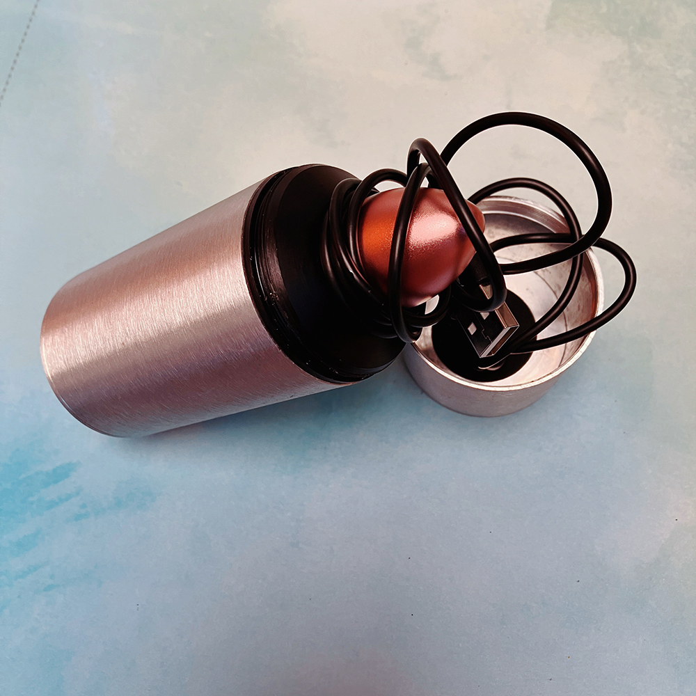 side view of metal canister, lid unscrewed, black USB charging cable coiled around tip of rose gold metal bullet vibrator inside