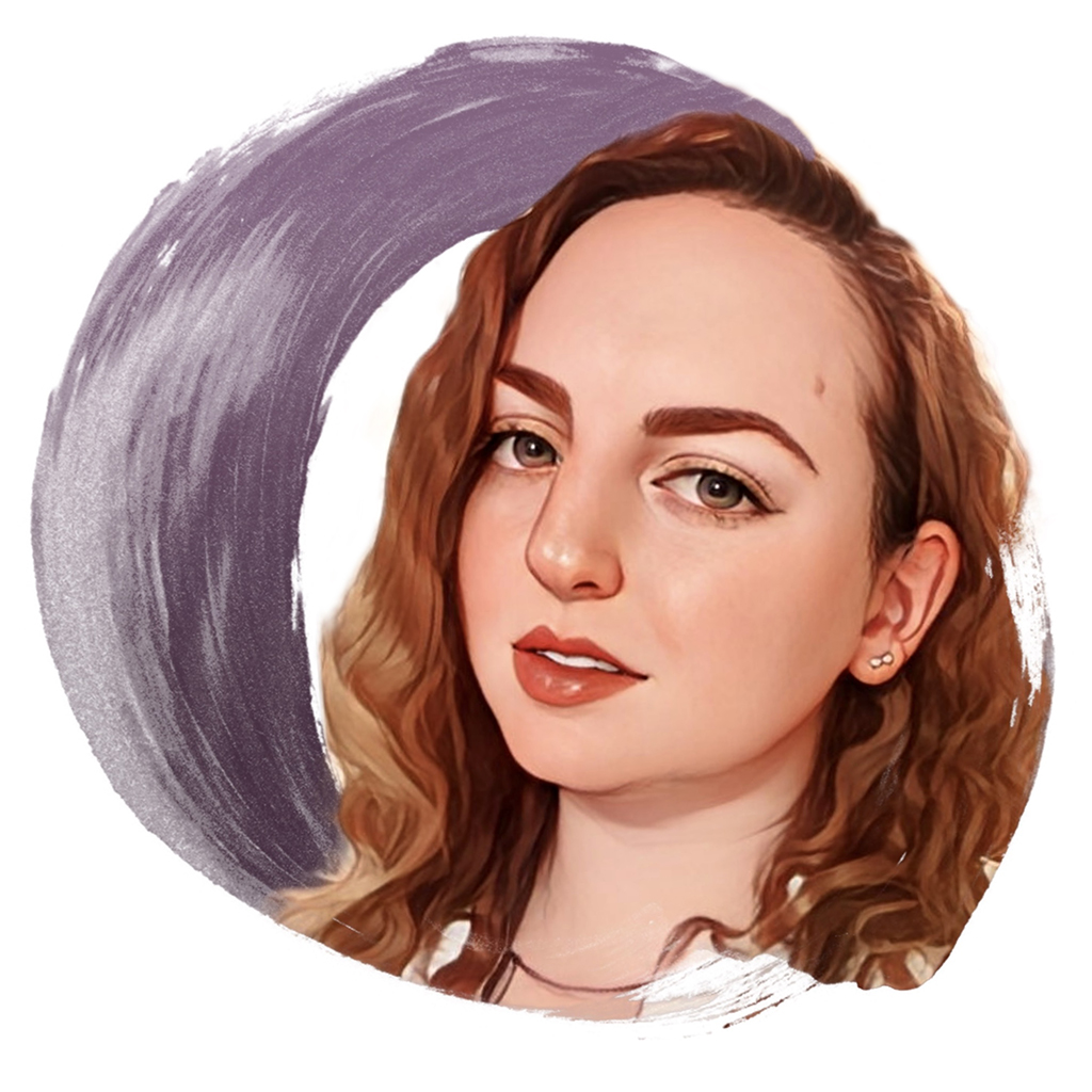 avatar Avatar cartoon image of a white woman, long wavy brown hair, green eyes on a purple background