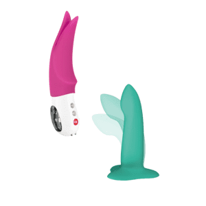 pink vibrator with triangle-shaped tips that flutter together, teal dildo that bends