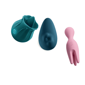 teal ball-shaped toy that fits in the palm, protruding tongue shape in centre, dark blue oval shape vibrator with rolling balls under surface, pink three-pronged vibrator that gyrates 