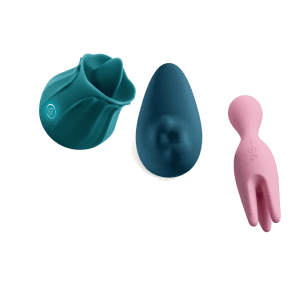 teal ball-shaped toy that fits in the palm, protruding tongue shape in centre, dark blue oval shape vibrator with rolling balls under surface, pink three-pronged vibrator that gyrates