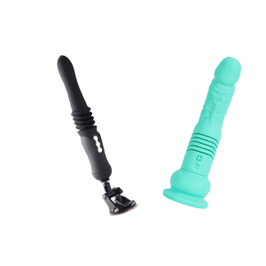one black thrusting vibrator on a suction-cup mount stand, one teal thrusting dildo with flat base