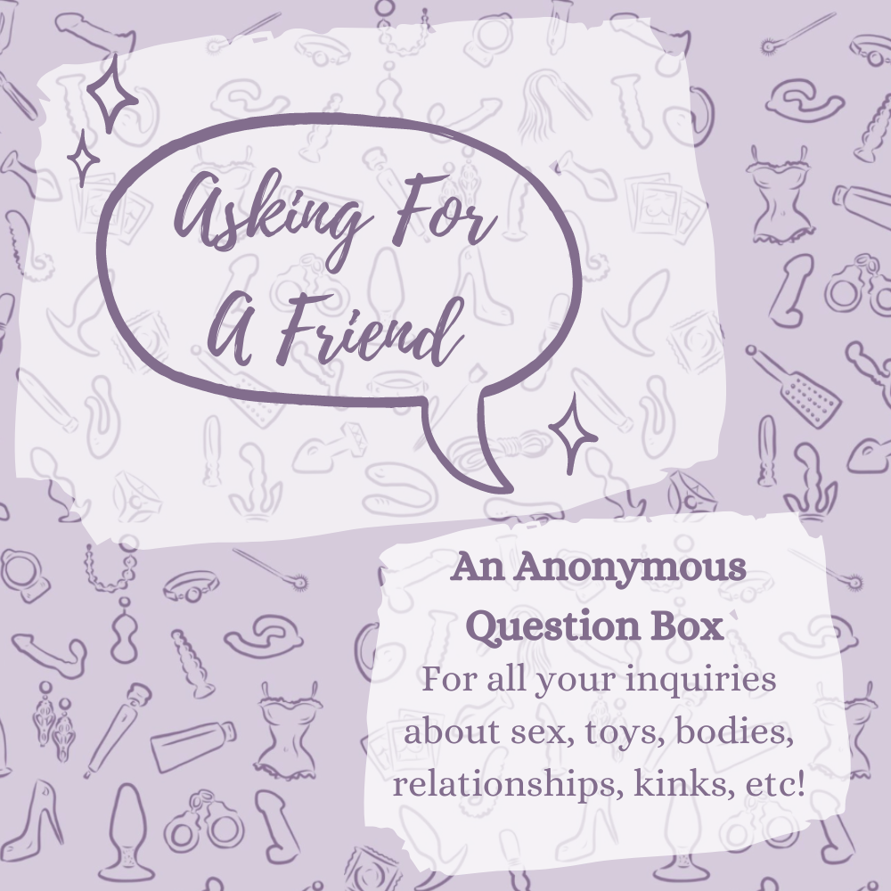 text graphic. purple background of illustrated sex toys. speech bubble reads 