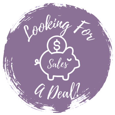 graphic of purple circle background, white text reads "looking for a deal?" overtop white outline of piggybank that reads "sales" on side