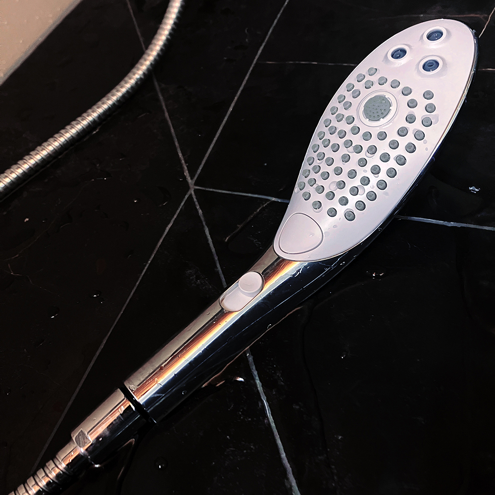 Photograph of underside of detachable white and chrome shower head 